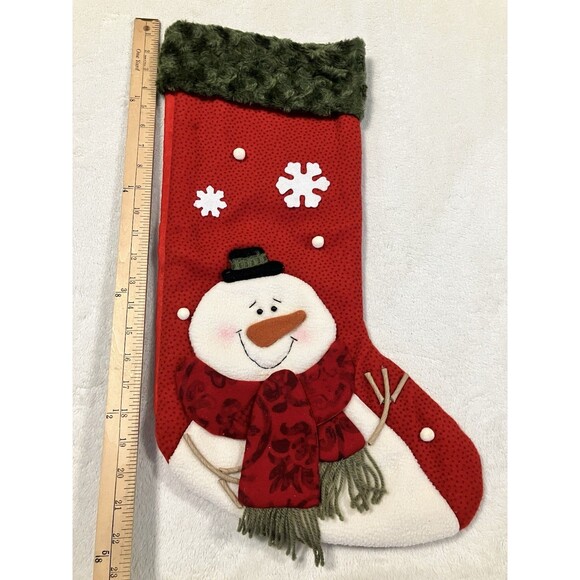 Vintage Snowman Christmas Stocking  - Velvet Cuff Xmas Red And Green - Picture 3 of 3